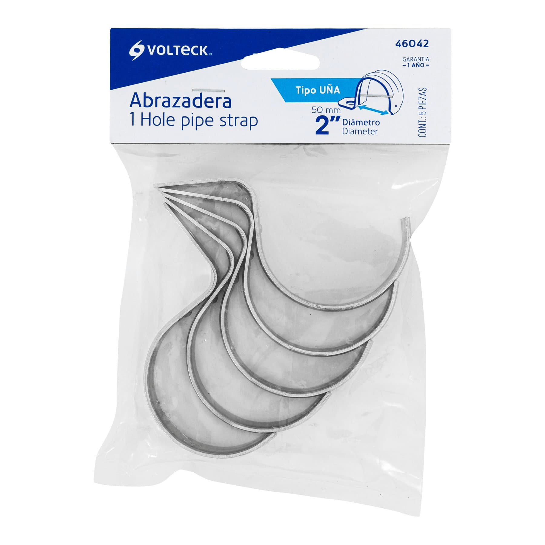Abrazadera tubo tipo uña 2", bolsa con 5 pzas, Volteck